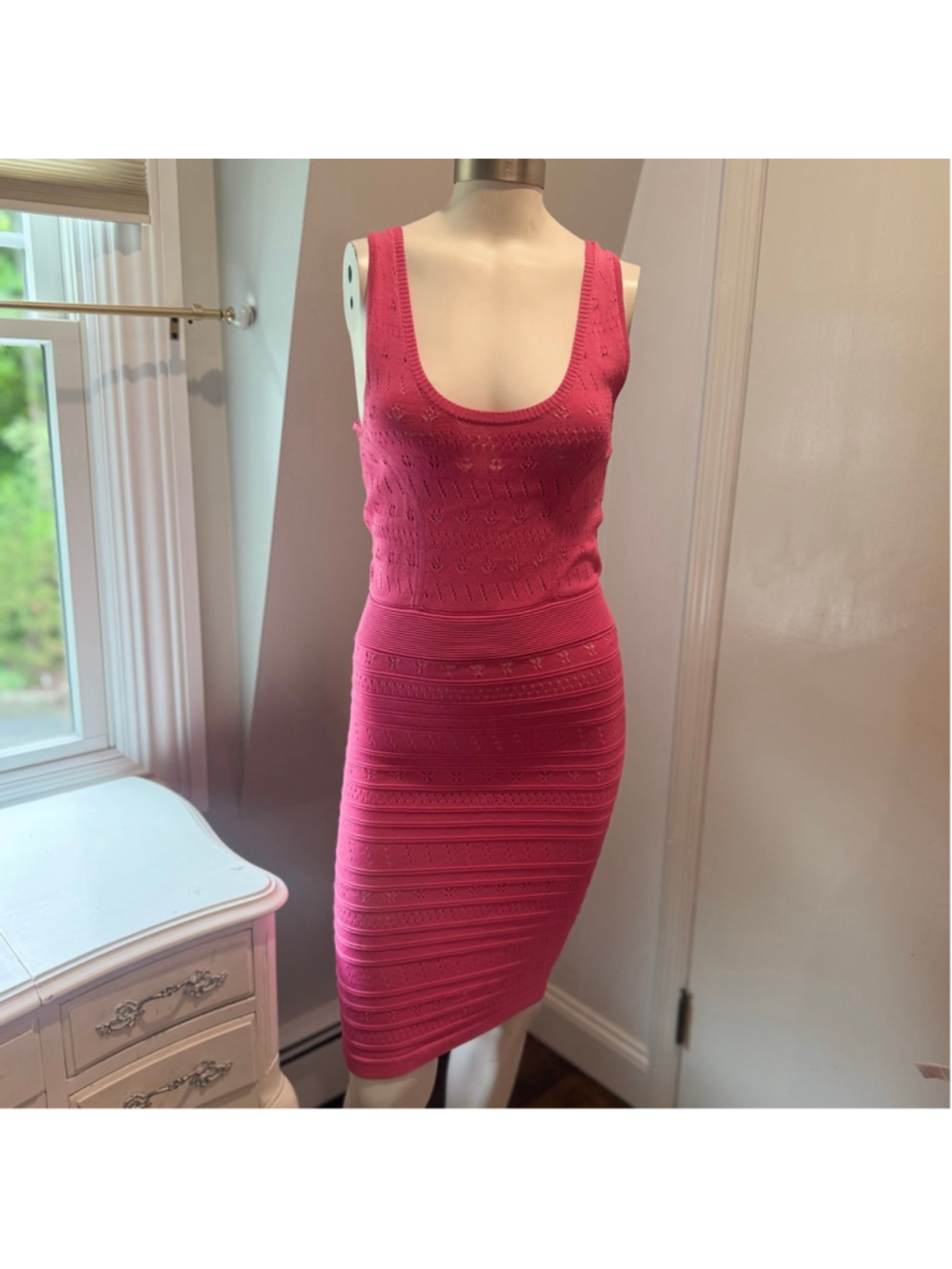 French Connection Pink Pointelle Knit Bodycon Midi Dress | US 6